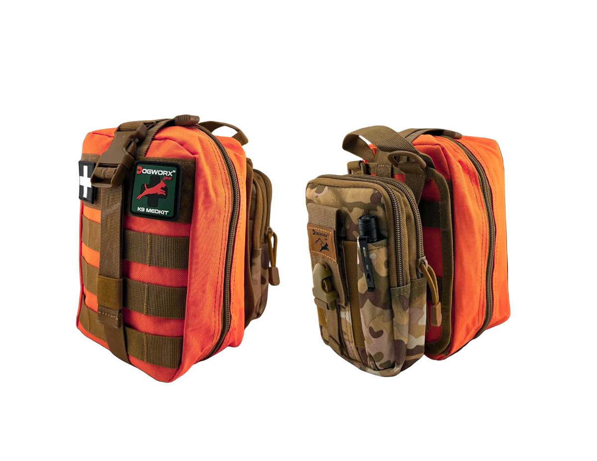Two tactical pouches, one orange and brown, the other camouflage, on a black background.